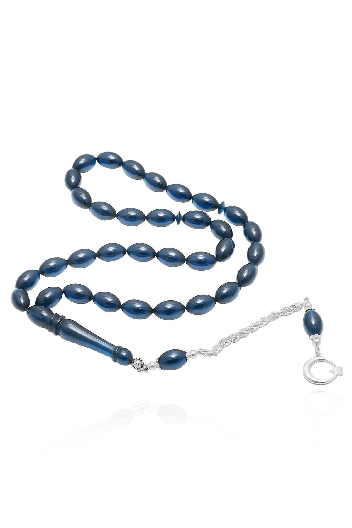 Erkek Arpa Kesim 925 Ayar Gümüş Ay Yıldız  Püsküllü Sıkma Kehribar Tesbih