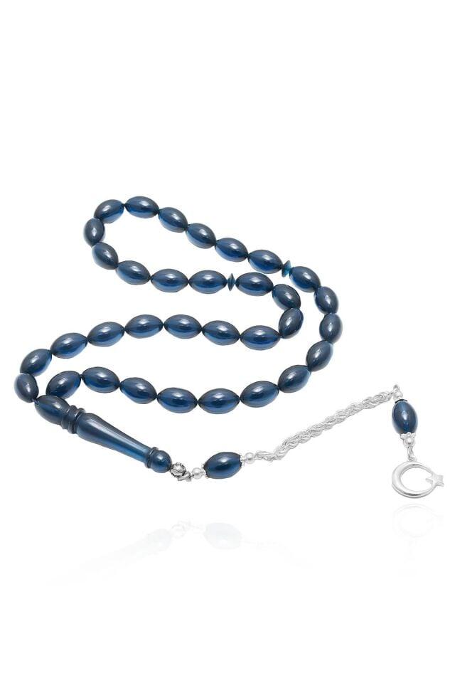 Erkek Arpa Kesim 925 Ayar Gümüş Ay Yıldız  Püsküllü Sıkma Kehribar Tesbih