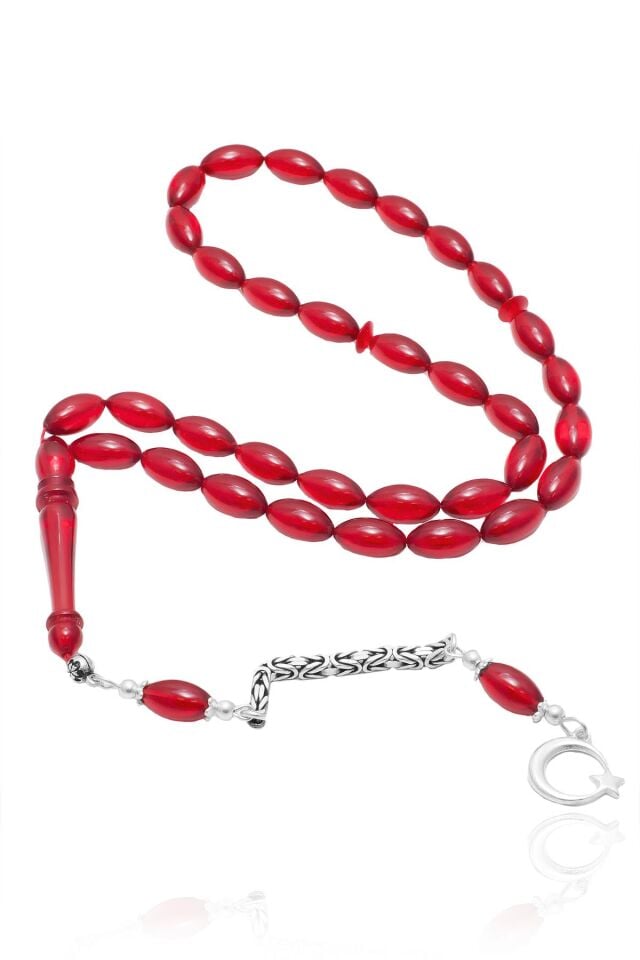 Erkek Arpa Kesim 925 Ayar Gümüş Ay Yıldız Püsküllü Sıkma Kehribar Tesbih TS-0016