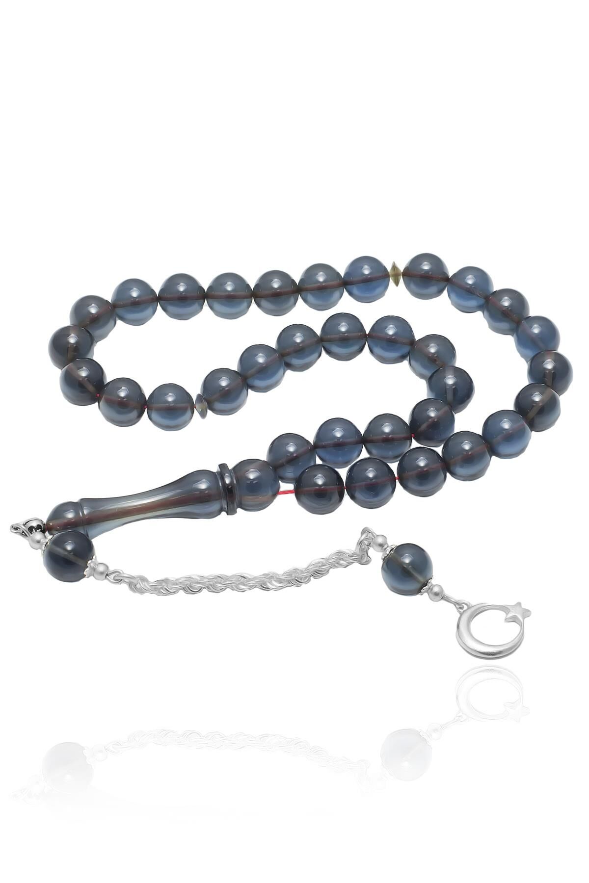 Erkek Küre Kesim 925 Ayar Gümüş Ay Yıldız  Püsküllü Sıkma Kehribar Tesbih