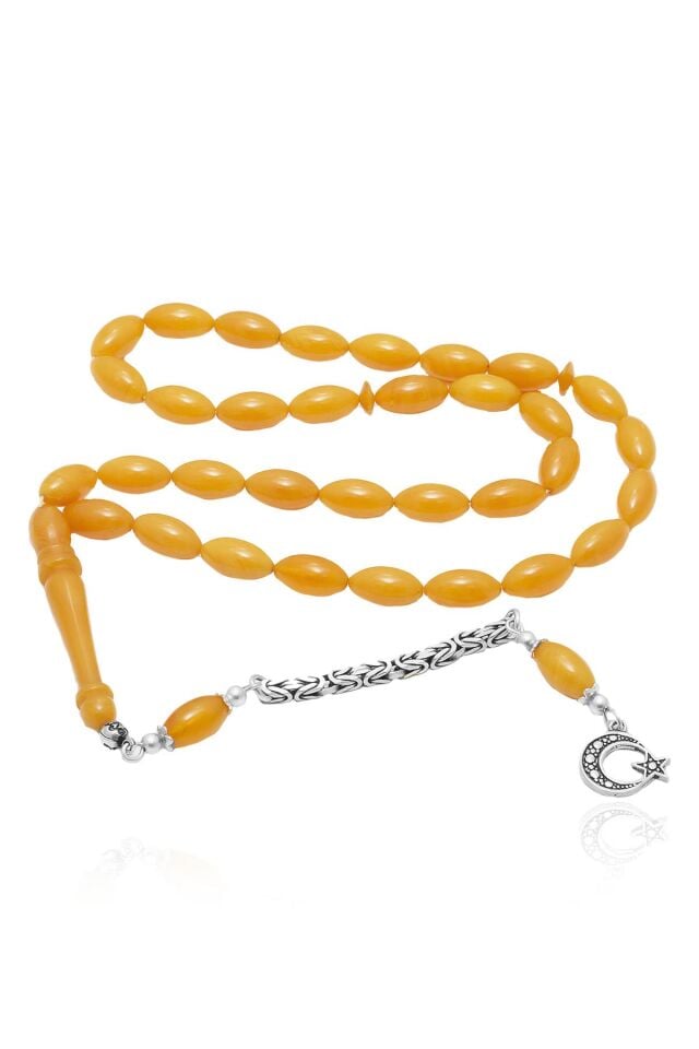 Erkek Arpa Kesim 925 Ayar Ay Yıldız Gümüş Püsküllü Sıkma Kehribar Tesbih