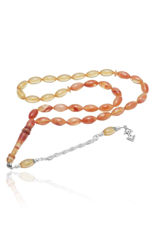 Erkek Arpa Kesim 925 Ayar Gümüş Püsküllü Sıkma Kehribar Tesbih TS-0022