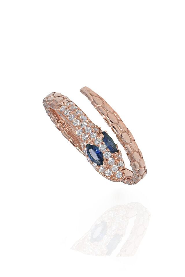 Lacivert Taşlı Safir Yılan Model Gümüş  Yüzük - Rose