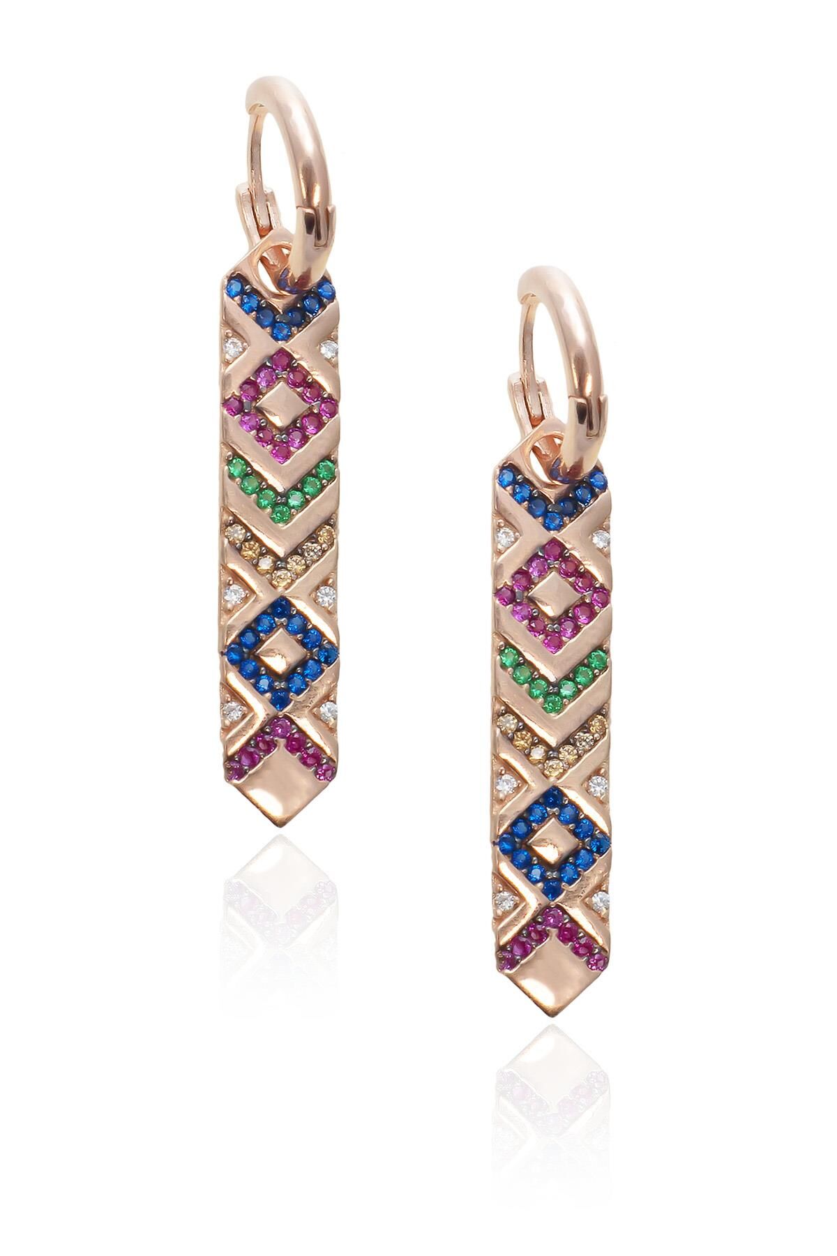 Renkli Gümüş Plaka Küpe - Rose