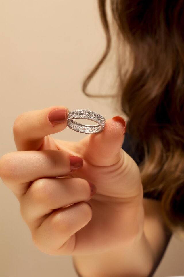 Beyaz Taşlı Gümüş Tamtur Yüzük