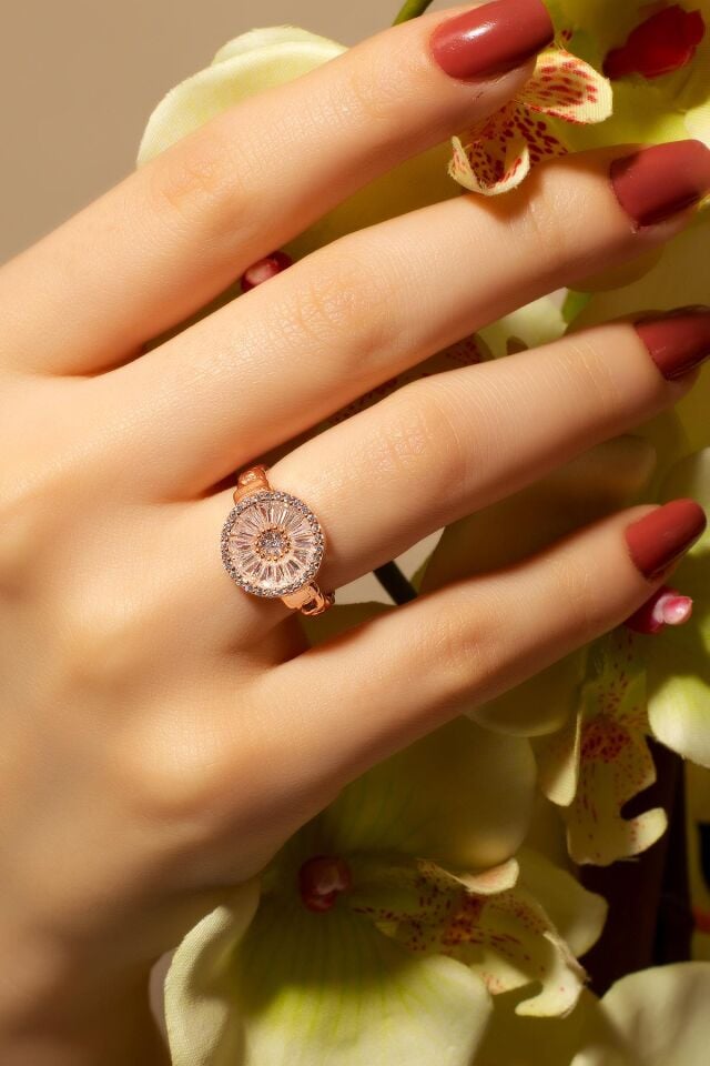 Baget Taşlı Zincir Modeli Gümüş Yüzük-Rose