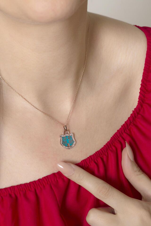 Mavi Mineli Kilit Gümüş Kolye-Rose