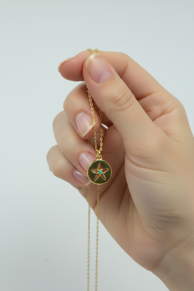 Mavi Taşlı Yuvarlak Gümüş Kolye - Rose