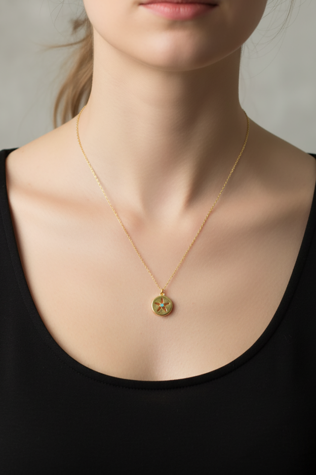 Mavi Taşlı Yuvarlak Gümüş Kolye - Rose