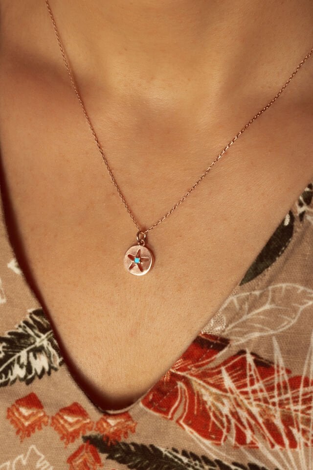 Mavi Taşlı Yuvarlak Gümüş Kolye - Rose