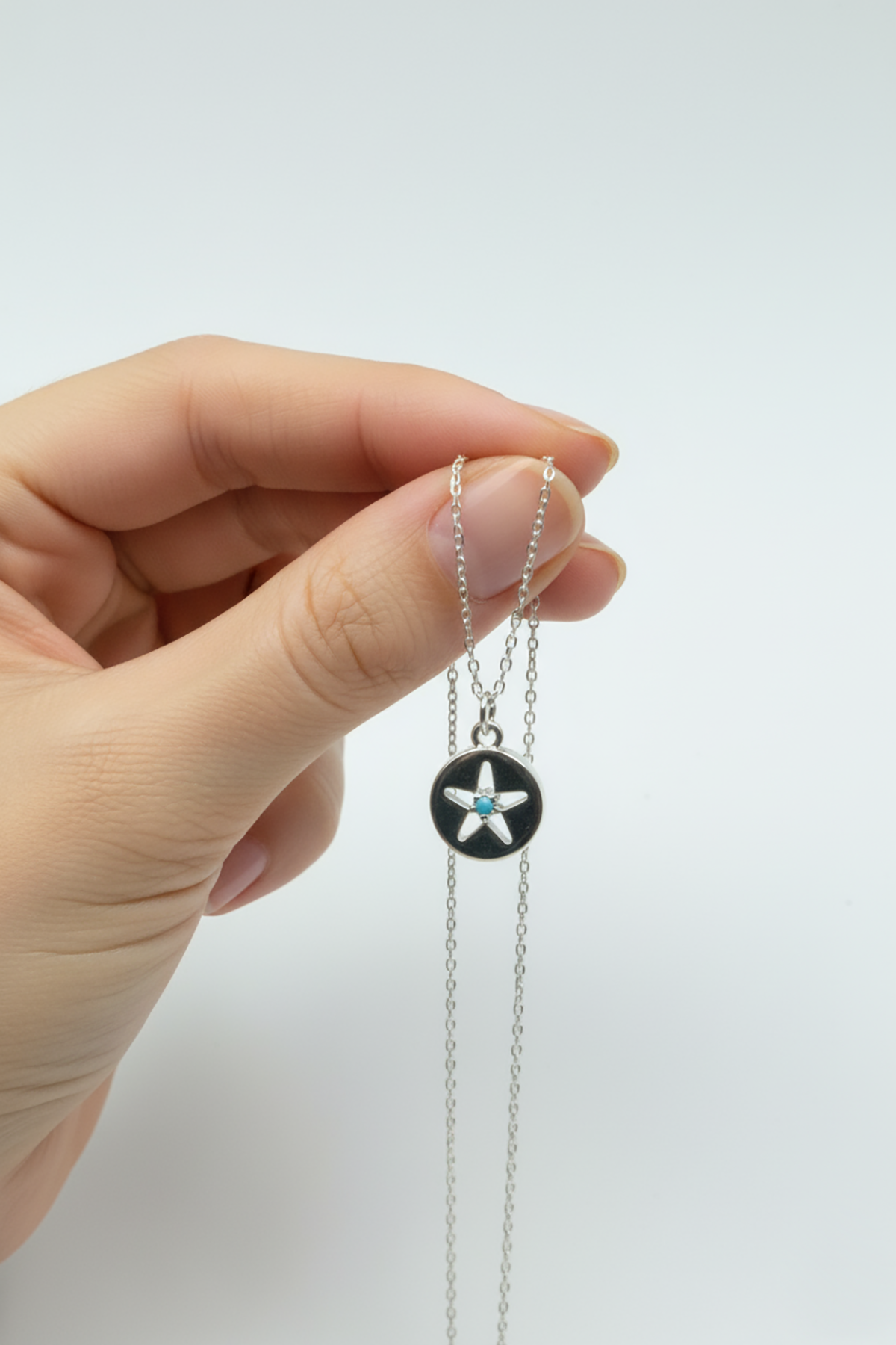 Mavi Taşlı Yuvarlak Gümüş Kolye - Rose