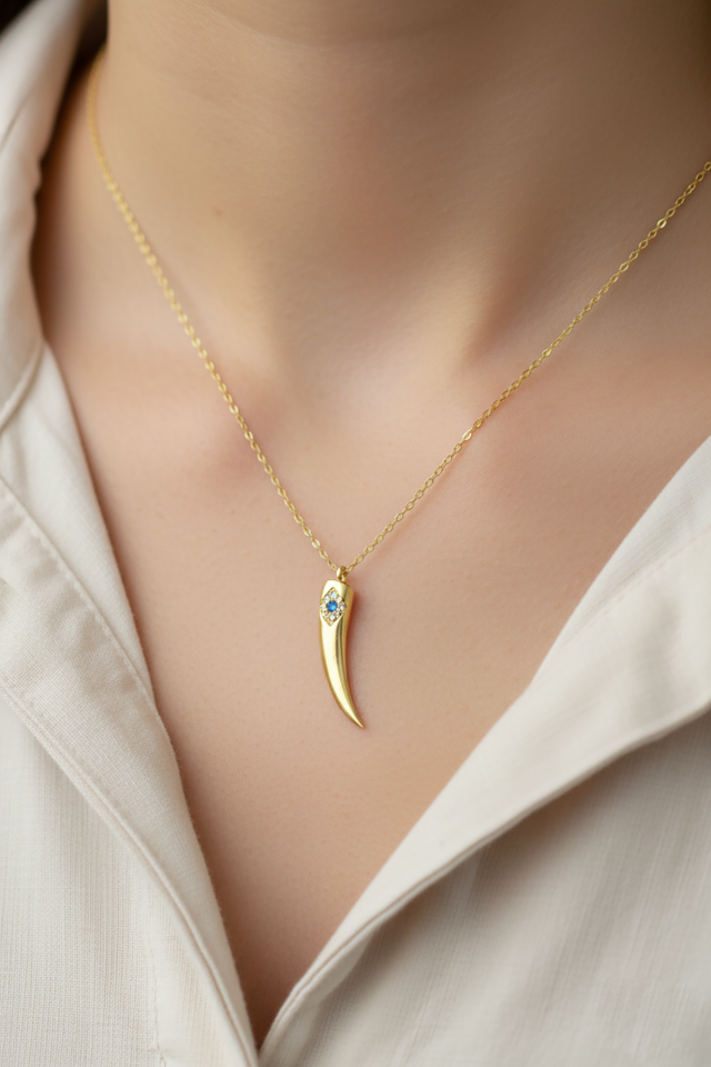 Fil Dişi Mavi Taşlı Gümüş Kolye -Rose