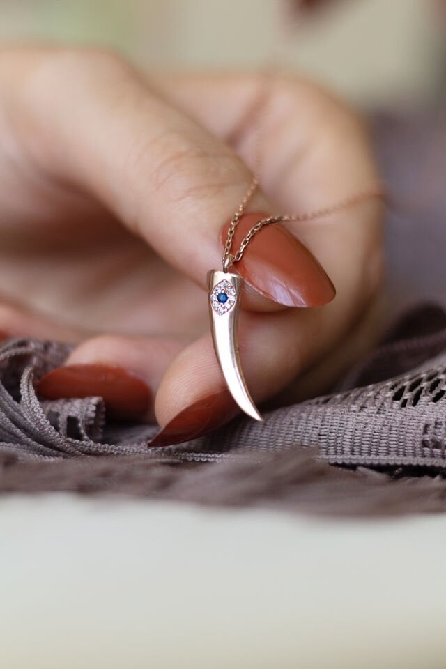 Fil Dişi Mavi Taşlı Gümüş Kolye -Rose