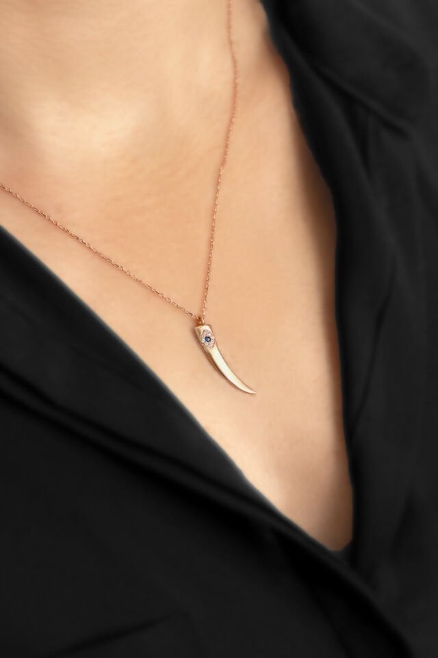 Fil Dişi Mavi Taşlı Gümüş Kolye -Rose