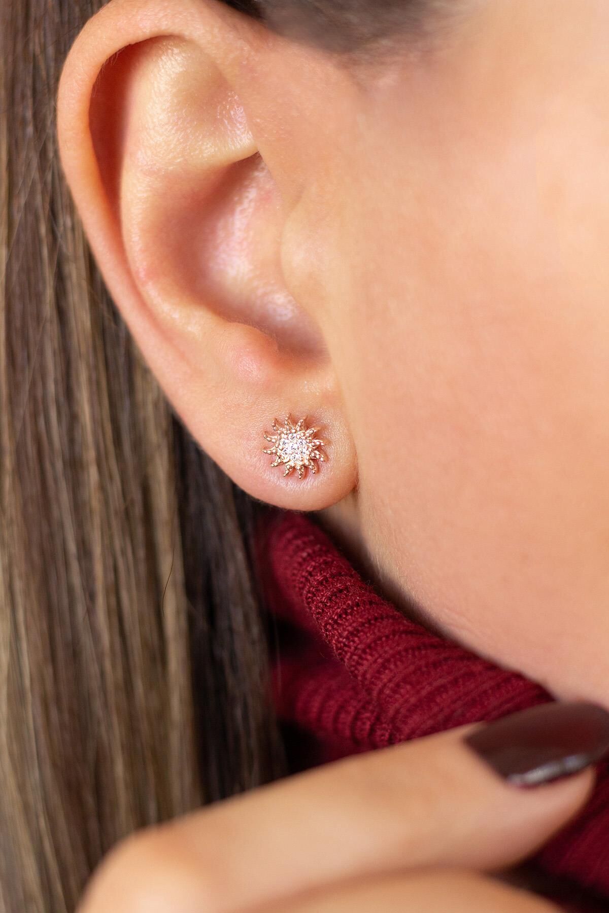 Beyaz Taşlı Güneş Gümüş Küpe- Rose