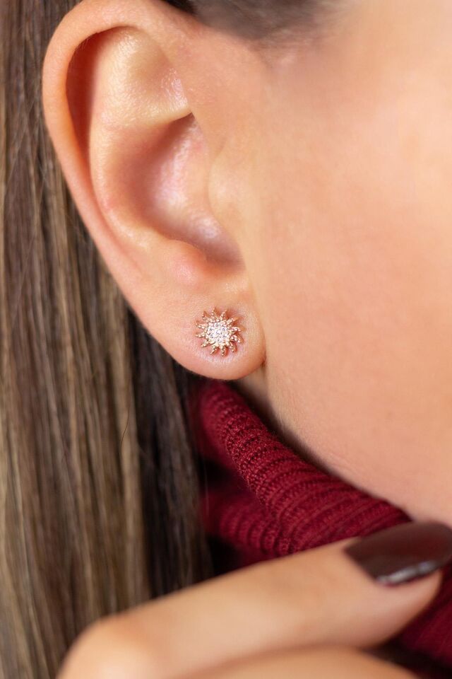 Beyaz Taşlı Güneş Gümüş Küpe- Rose