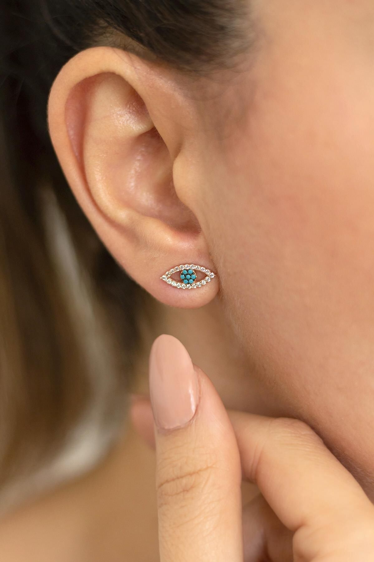 Göz  Model Turkuaz Taşlı Gümüş Küpe-Rose