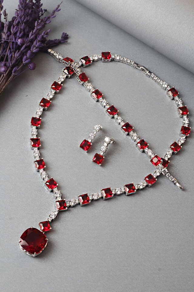 Gümüş Set Gerdanlık Kolye Küpe Bileklik Renkli 925 Ayar Zirkon Taş Düğün Kına Nişan Abiye Set