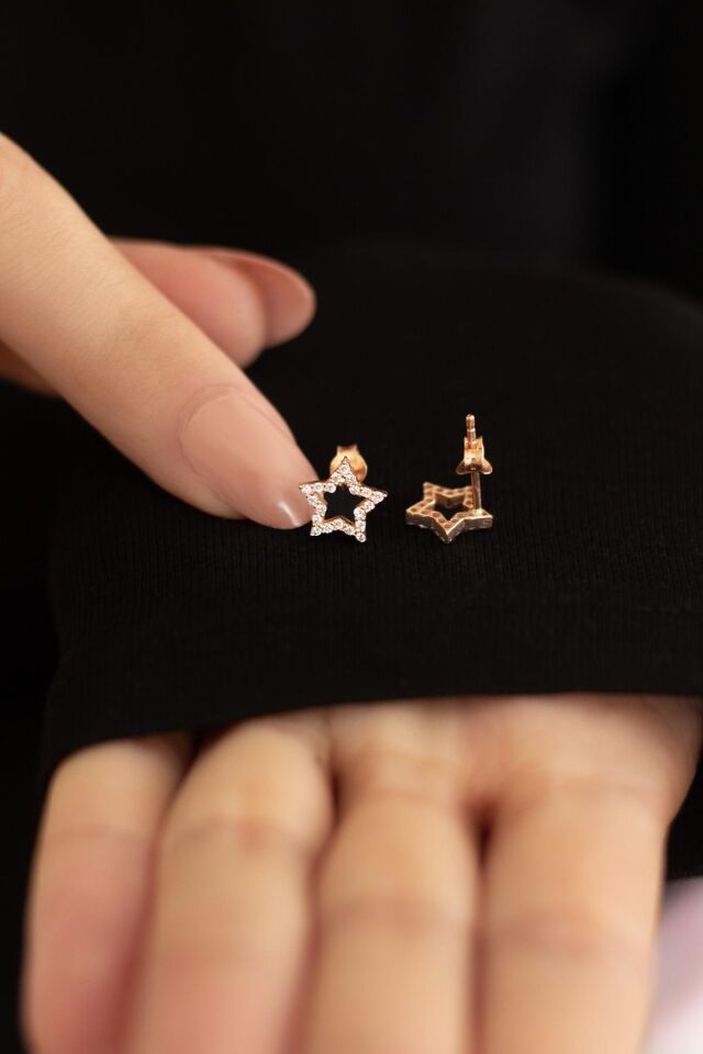 Beyaz Taşlı Yıldız Gümüş Küpe-Rose