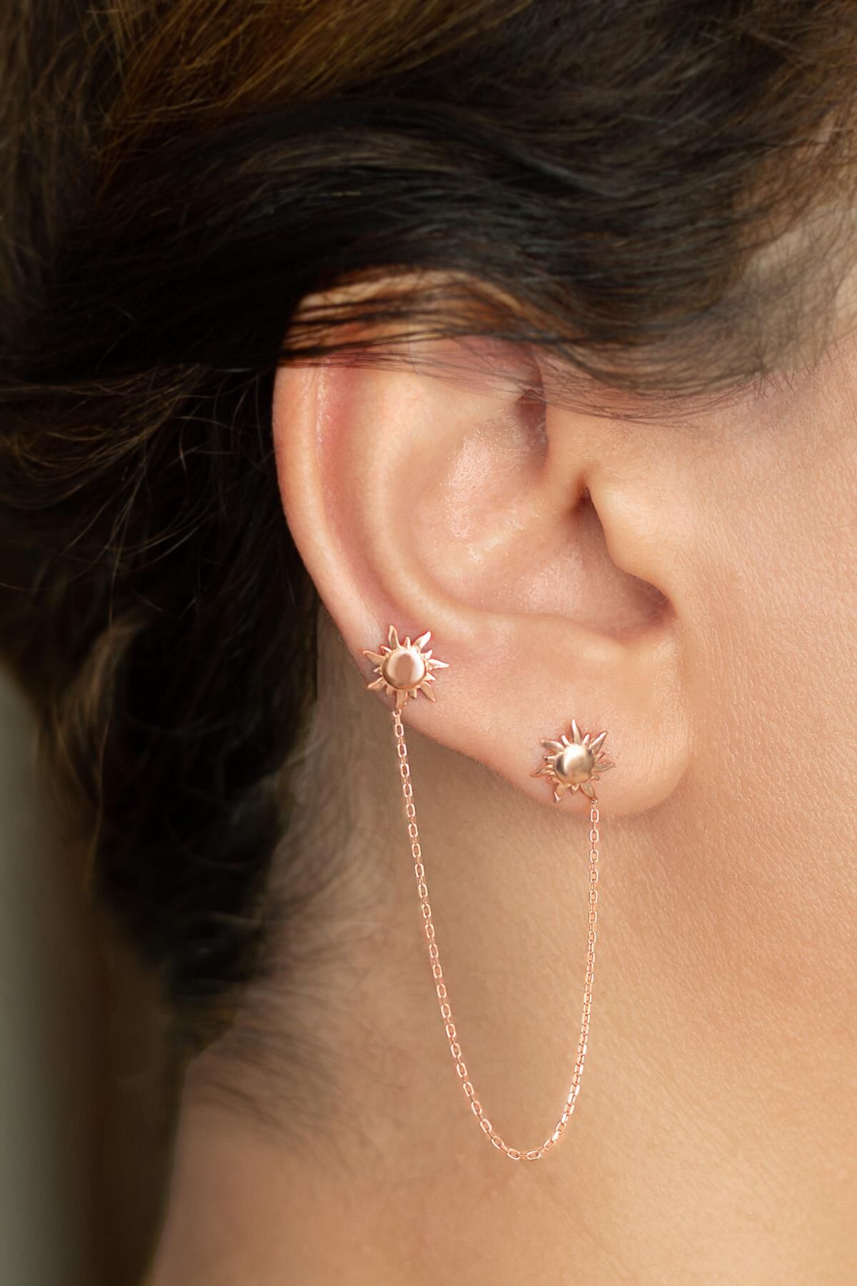 Zincirli İkili Güneş Model Gümüş Küpe-Rose