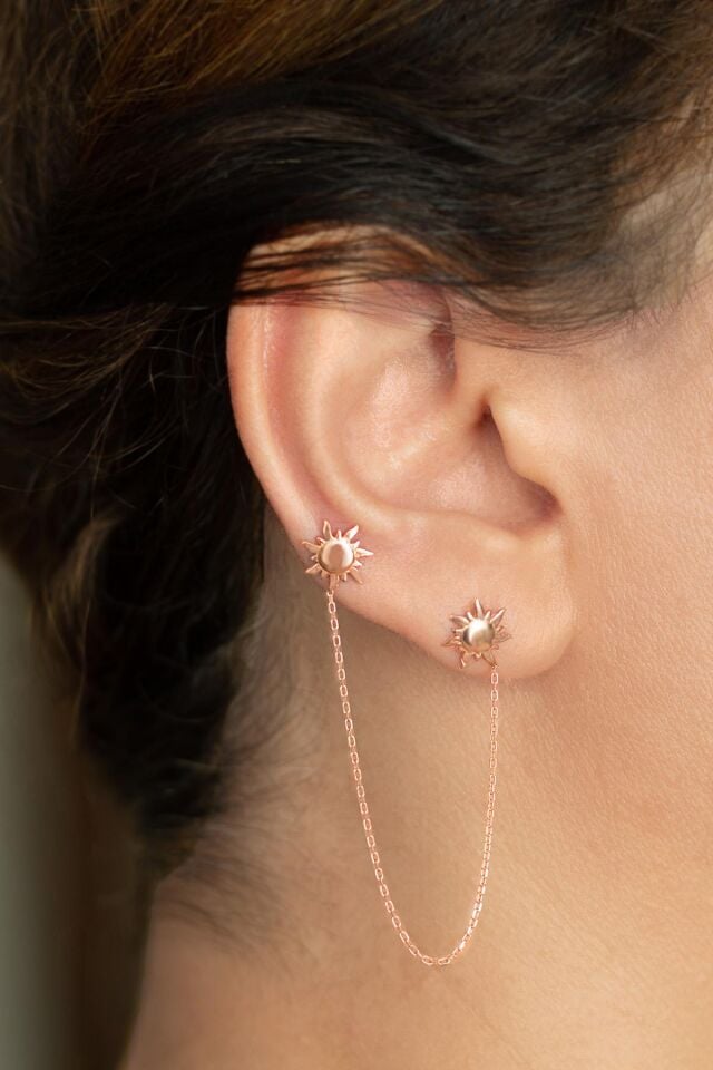 Zincirli İkili Güneş Model Gümüş Küpe-Rose