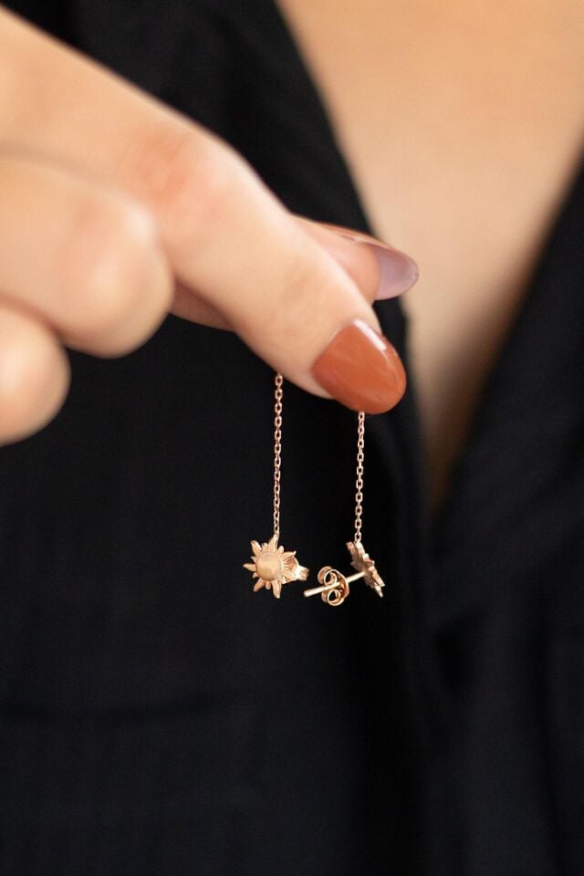 Zincirli İkili Güneş Model Gümüş Küpe-Rose