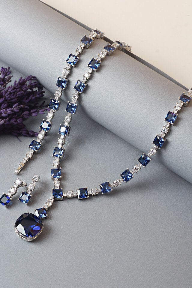 Gümüş Set Gerdanlık Kolye Küpe Bileklik Safir Renk 925 Ayar Zirkon Taşlı Düğün Kına Nişan Abiye Set