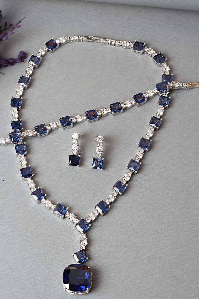 Gümüş Set Gerdanlık Kolye Küpe Bileklik Safir Renk 925 Ayar Zirkon Taşlı Düğün Kına Nişan Abiye Set