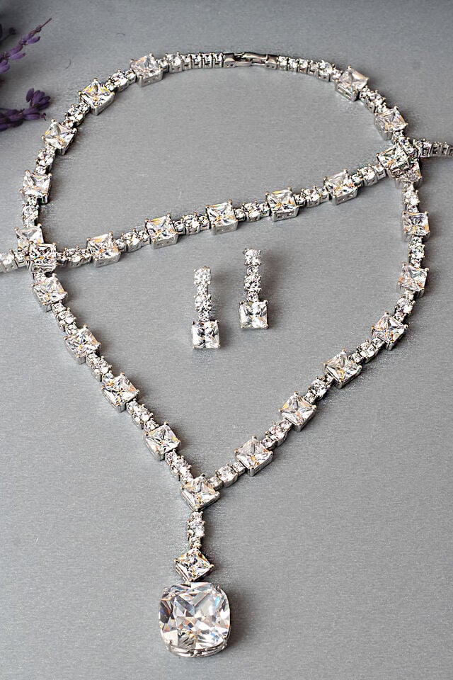 Gümüş Set Gerdanlık Kolye Küpe Bileklik Safir Renk 925 Ayar Zirkon Taşlı Düğün Kına Nişan Abiye Set
