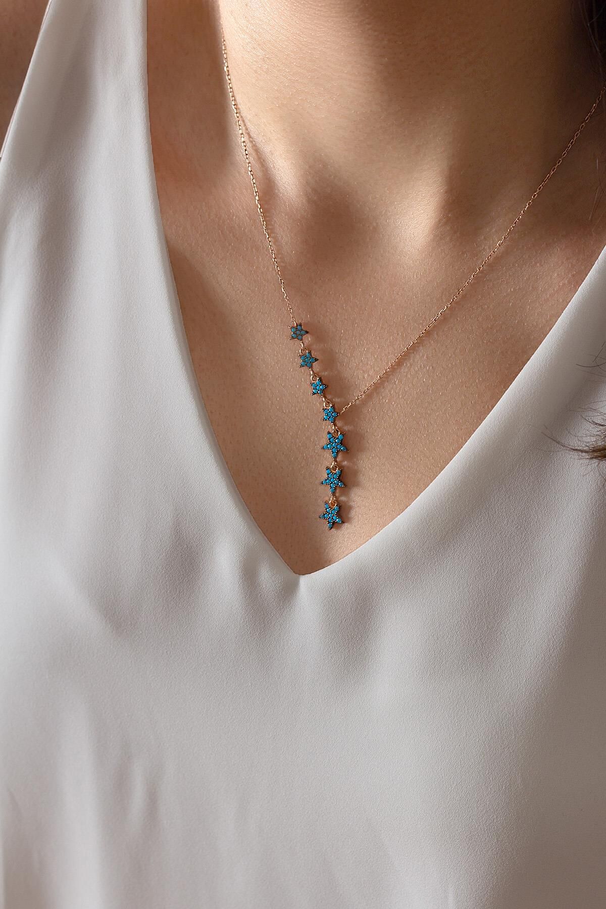 Mavi Taşlı Sıralı Yıldız  Gümüş Kolye