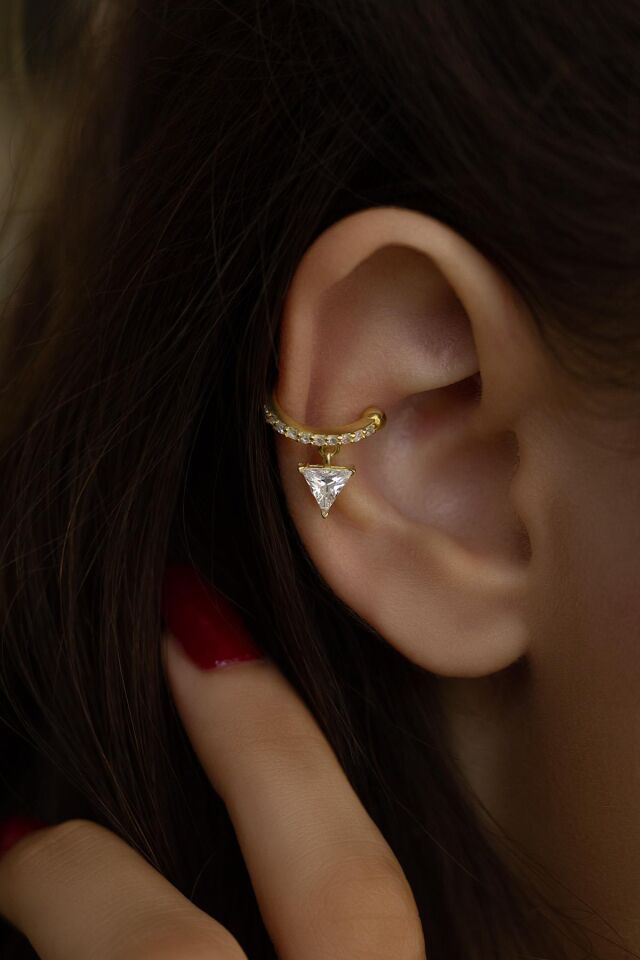 Üçgen Taşlı Tekli Kıkırdak Küpe-Sarı