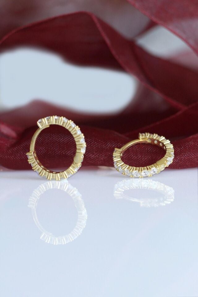 Sarı Renk Beyaz Taşlı Halka Küpe