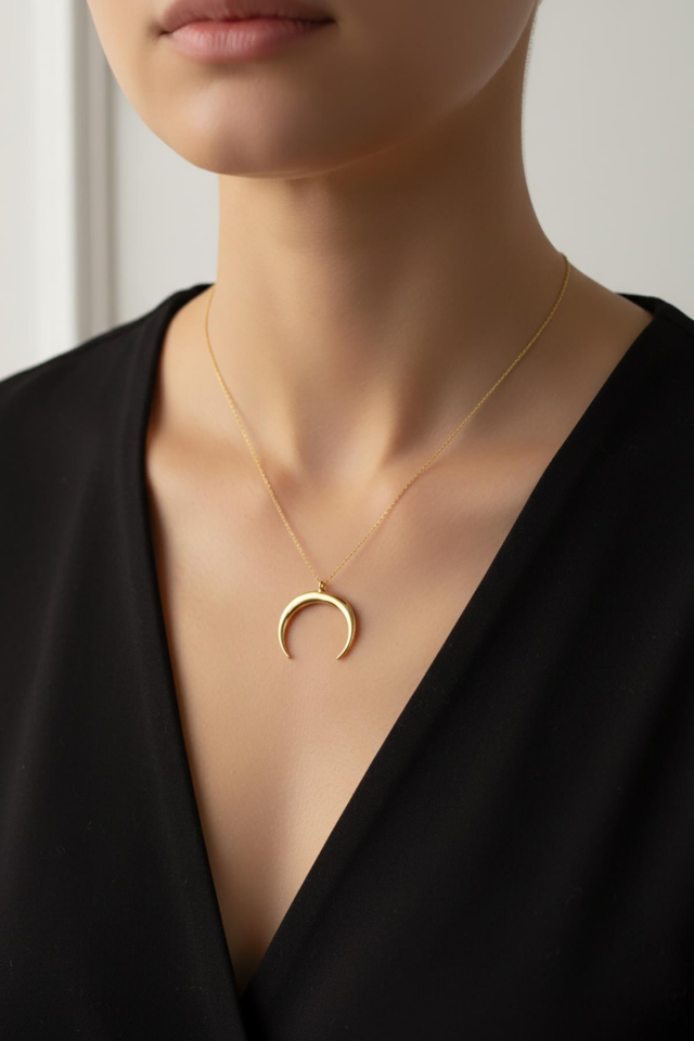 Ay Kolye Hilal 925 Ayar Gümüş Zincir