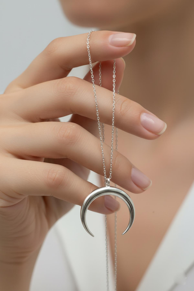 Ay Kolye Hilal 925 Ayar Gümüş Zincir