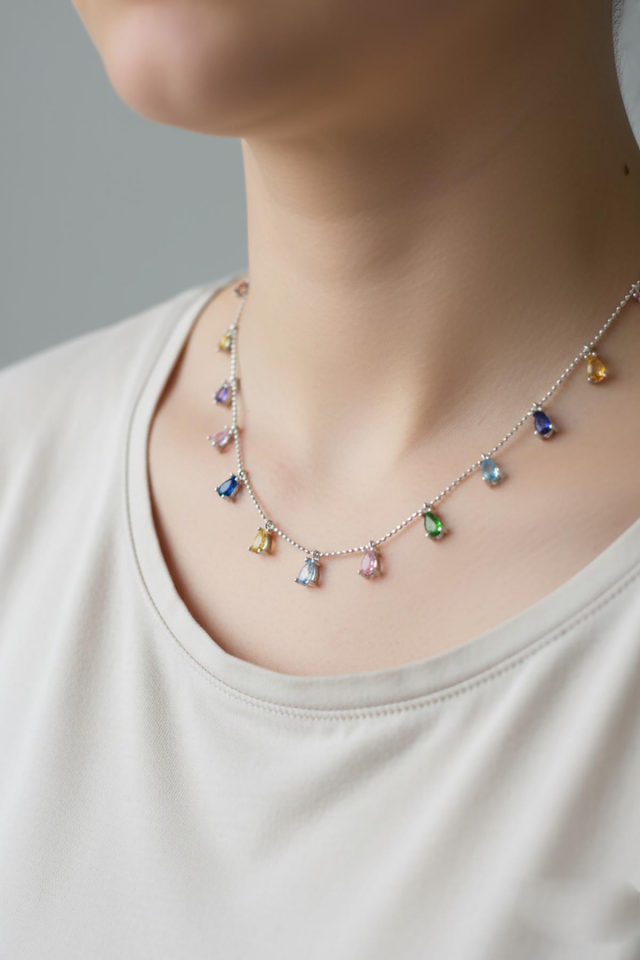 Damla Kolye Renkli 925 Ayar Gümüş