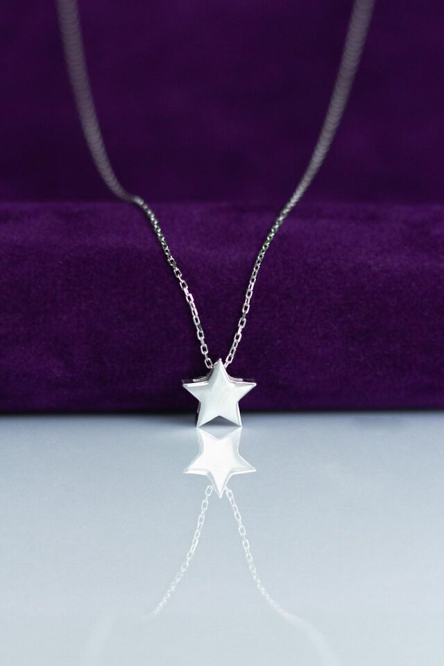 Yıldız Kolye Yuvarlak Şans Uğur 925 Ayar Zirkon Taşlı Beyaz Silver Gümüş Zincir Kolye