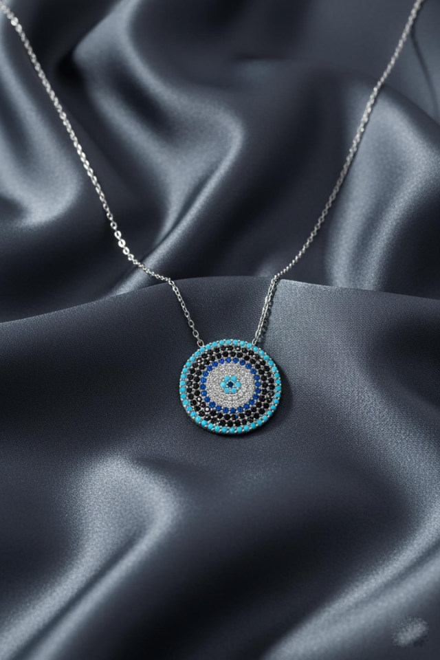 Nazar Kolye Yuvarlak Gümüş 925 Ayar Zirkon  Taşlı  Zincir