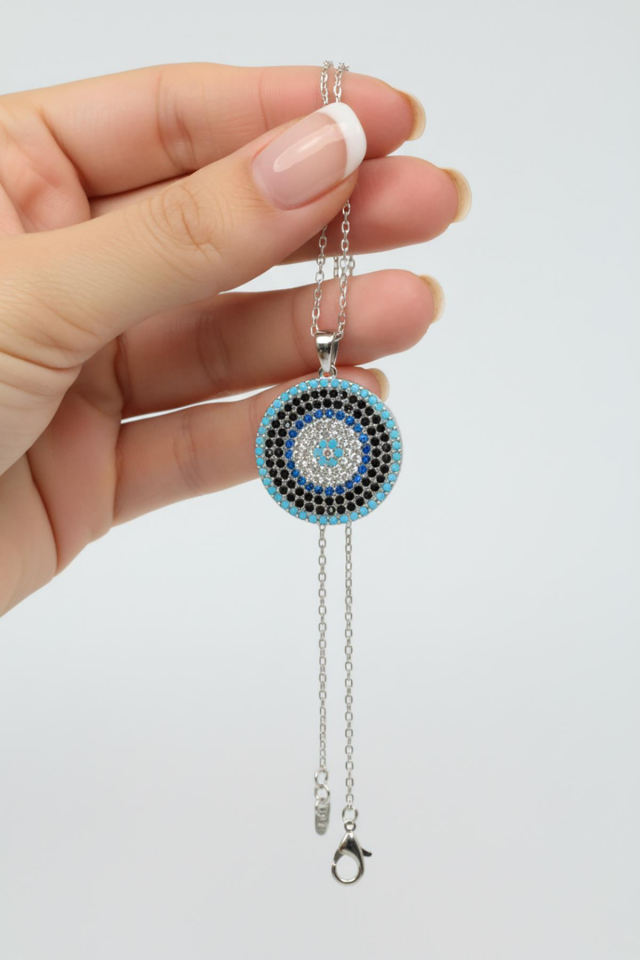 Nazar Kolye Yuvarlak Gümüş 925 Ayar Zirkon  Taşlı  Zincir