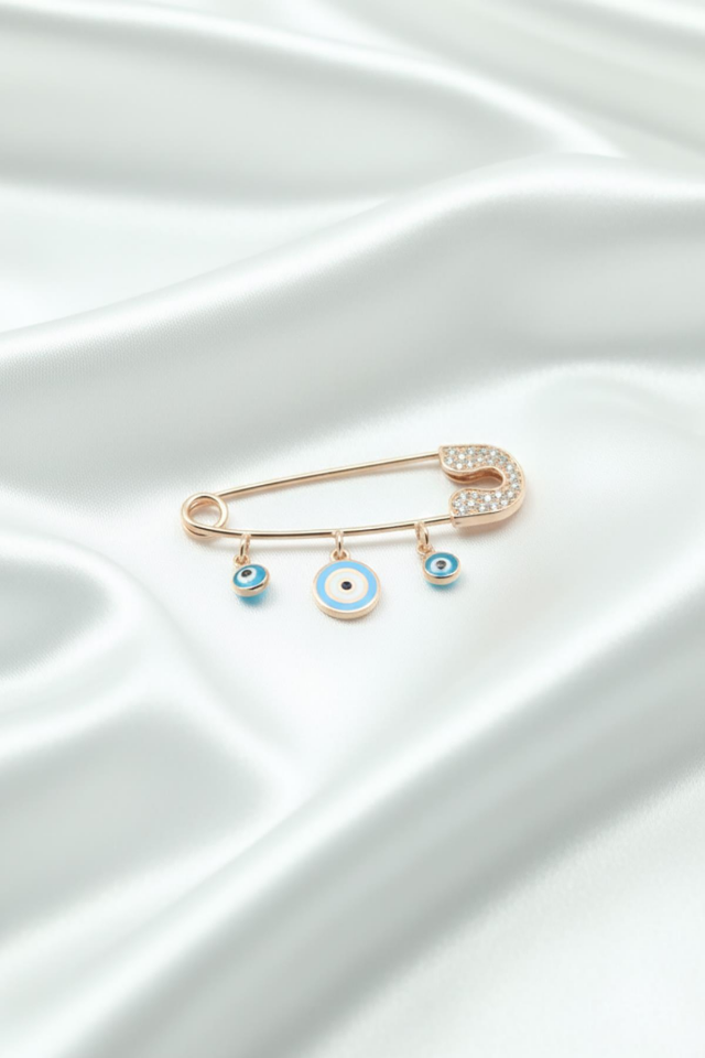 Gümüş Bebek İğnesi 925 Ayar Nazar Mineli Göz Hediyelik