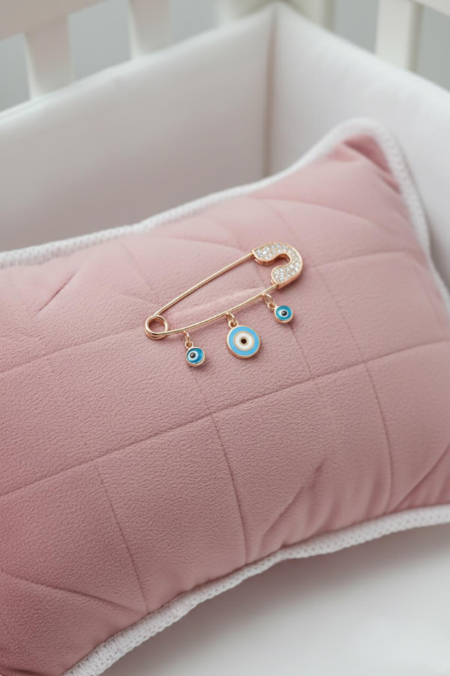 Gümüş Bebek İğnesi 925 Ayar Nazar Mineli Göz Hediyelik