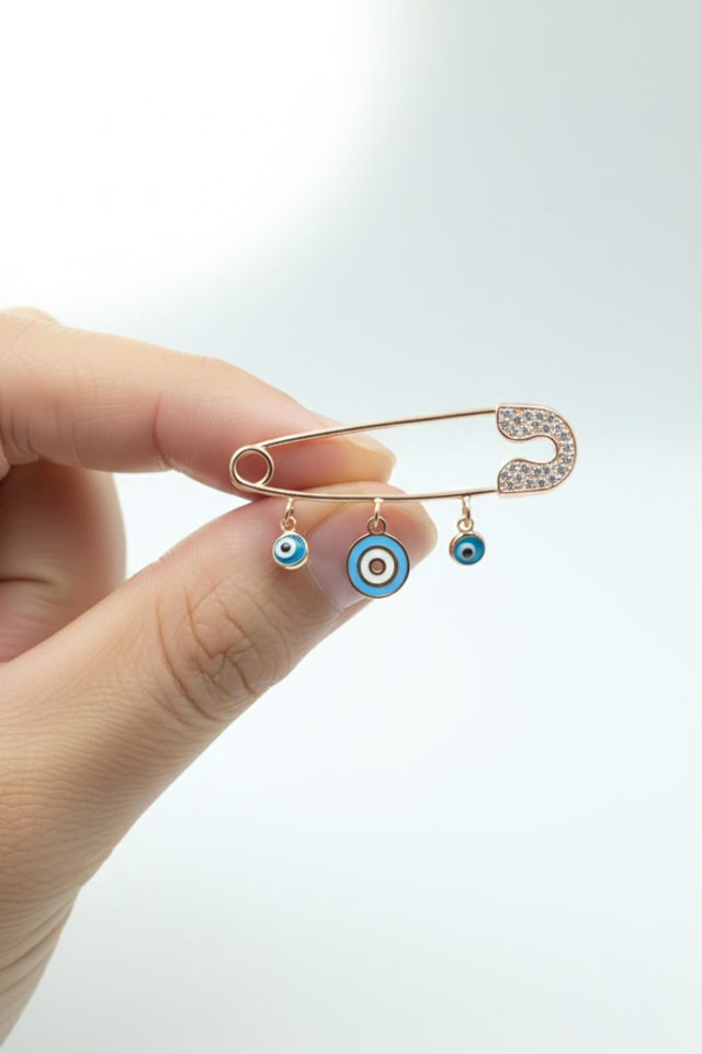 Gümüş Bebek İğnesi 925 Ayar Nazar Mineli Göz Hediyelik