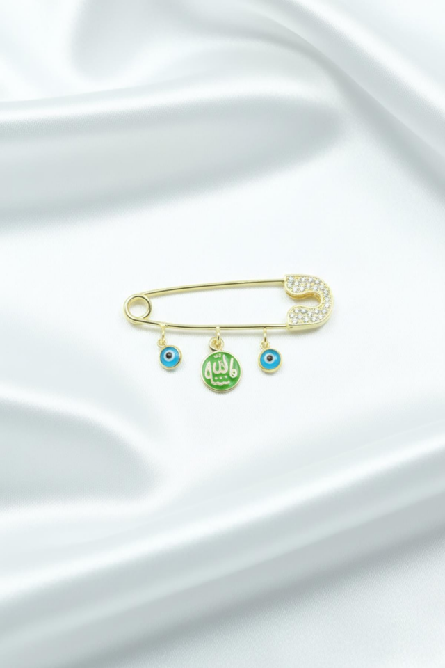 Gümüş Bebek İğnesi Allah Yazılı Göz Nazar 925 Ayar Hediyelik