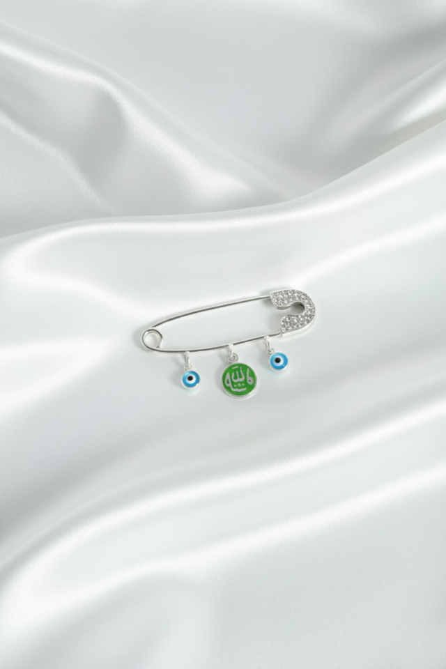 Gümüş Bebek İğnesi Allah Yazılı Göz Nazar 925 Ayar Hediyelik