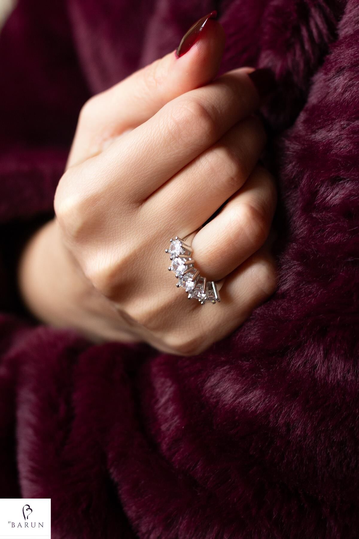 Beş Taş Alyans Gümüş Zirkon Yüzük-Gümüş Rengi