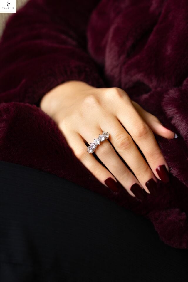 Beş Taş Alyans Gümüş Zirkon Yüzük-Gümüş Rengi