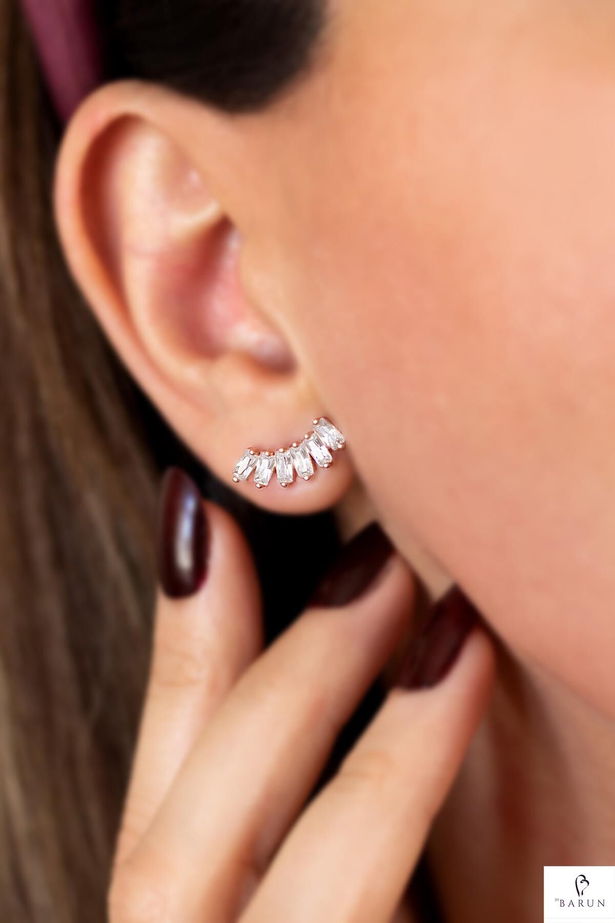 Altı Taşlı Gümüş Baget  Küpe - Rose