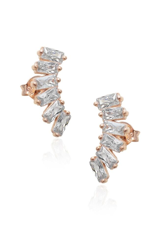 Altı Taşlı Gümüş Baget  Küpe - Rose