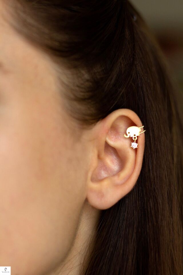 Sarı Renk Fil Model Tekli Kıkırdak Küpe