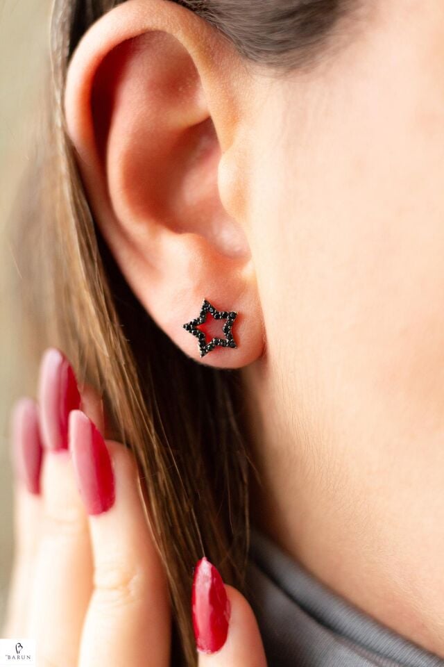 Siyah Taşlı Yıldız Gümüş Küpe-Rose