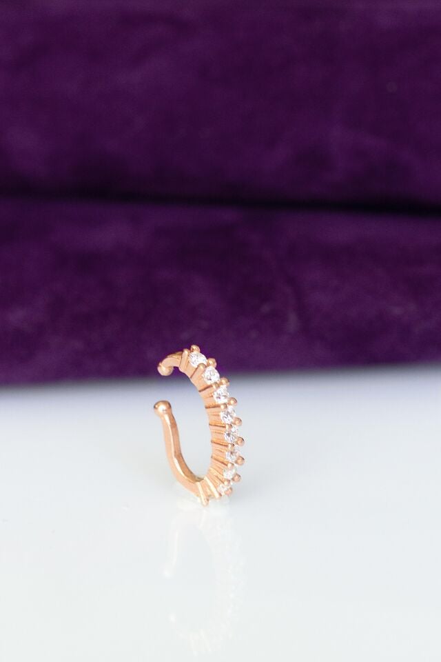 Beyaz  Yuvarlak Taşlı 925 Ayar Gümüş Halka Kıkırdak Küpe